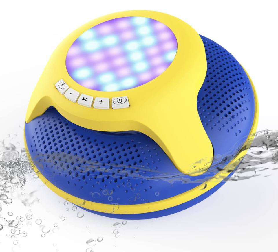 Pool Floating IPX7 Waterproof Bluetooth Speaker in blue and yellow on water (Photo via Amazon)