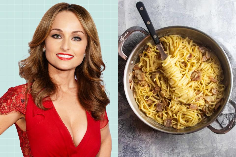 Giada De Laurentiis on a designed background next to Giada's Pasta Alla Gricia