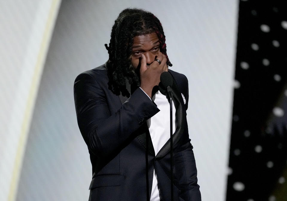 NFL professional player Damar Hamlin of the Buffalo Bills presents the Pat Tillman Award for Service at the ESPY Awards Wednesday, July 12, 2023 at the Dolby Theater in Los Angeles.  (AP Photo/Mark Terrill)