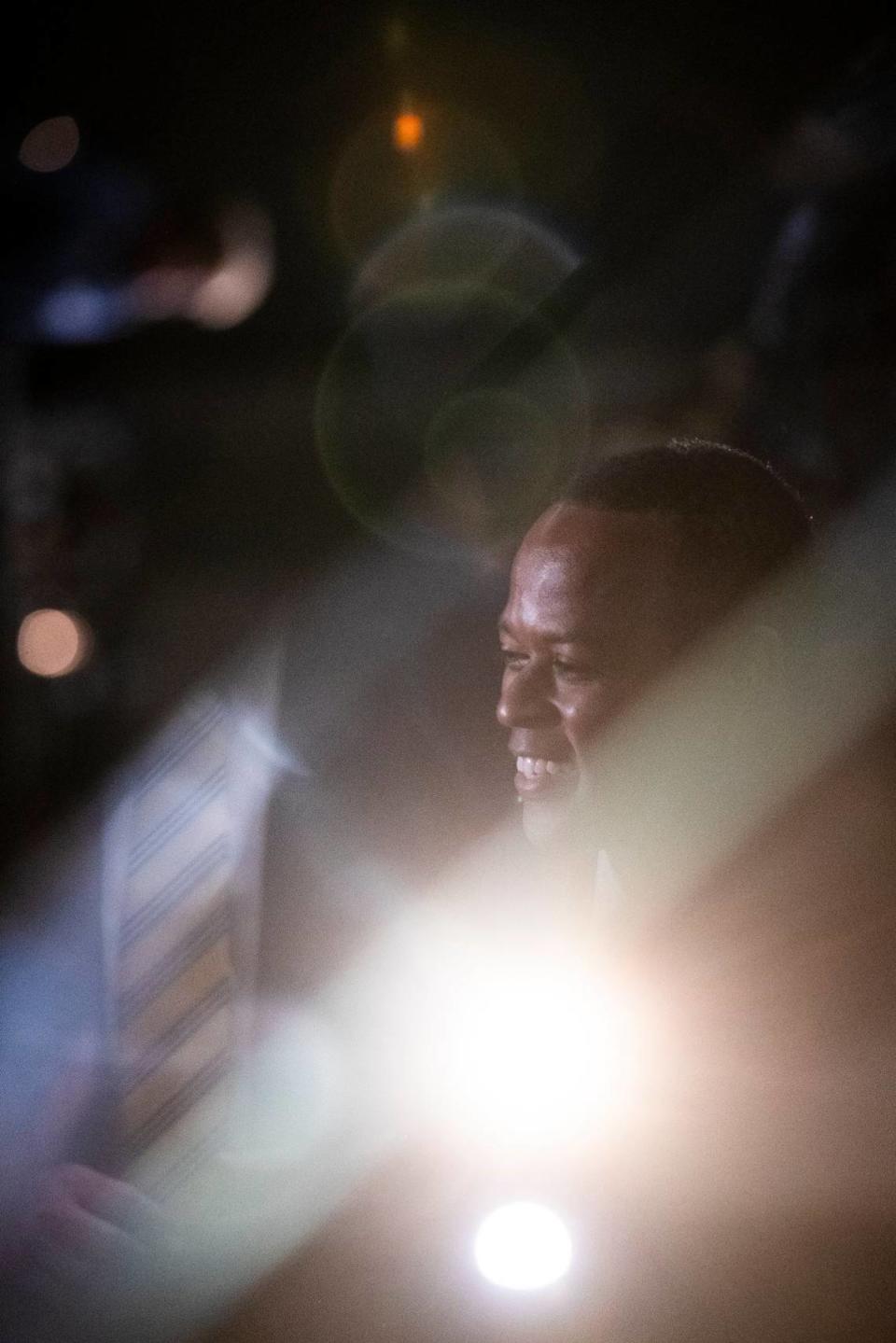 Gubernatorial candidate Daniel Cameron speaks briefly and greets supporters after securing the Republican primary election at an event at the Galt House in Louisville, Ky., Tuesday, May 16, 2023.