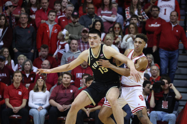 Feb 4, 2023; Bloomington, Indiana, USA; Purdue Boilermakers center Zach Edey (15) posts up Indiana Hoosiers forward Trayce Jackson-Davis (23) in the first half at Simon Skjodt Assembly Hall. Mandatory Credit: Trevor Ruszkowski-USA TODAY Sports