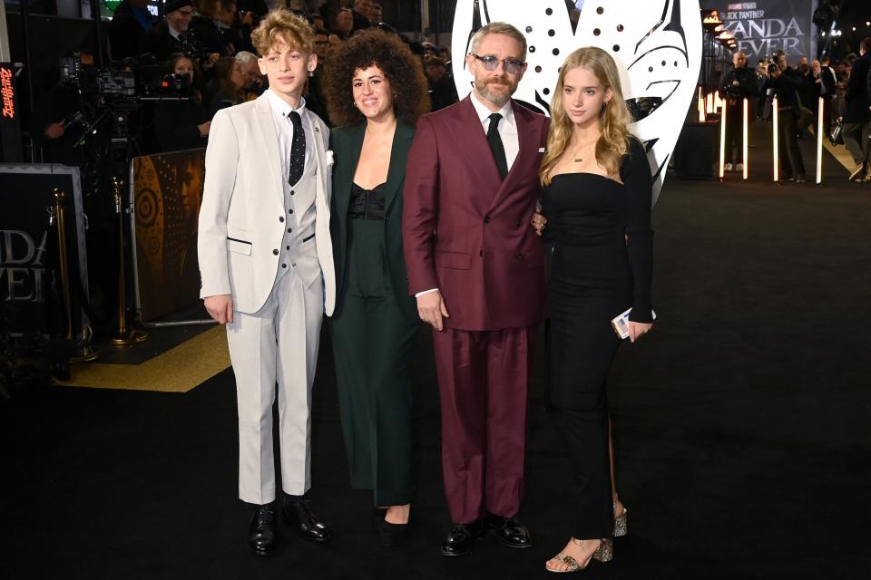 Joe Freeman, Rachel Mariam, Martin Freeman and Grace Freeman attend the "Black Panther: Wakanda Forever" European Premiere at Cineworld Leicester Square on November 03, 2022 in London, England.