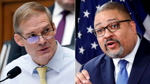 PHOTO: Rep. Jim Jordan, left, and Manhattan District Attorney Alvin Bragg are seen in this split photo (Left: AP Photo/Carolyn Kaster; Right: Kena Betancur/Getty Images)