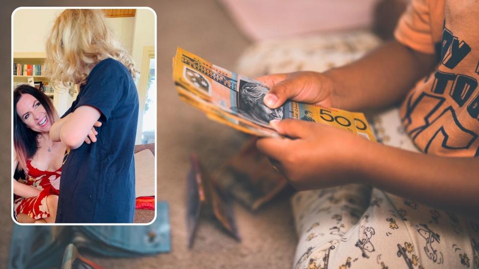 Compilation image of Nicole Pedersen-McKinnon and her kids inset into a stock image of a child counting money