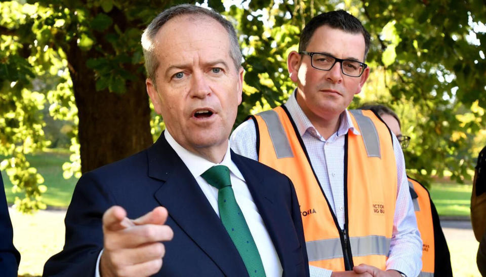 Bill Shorten (left) spruiking Labor's plans for public transport and the NDIS. Source: AAP