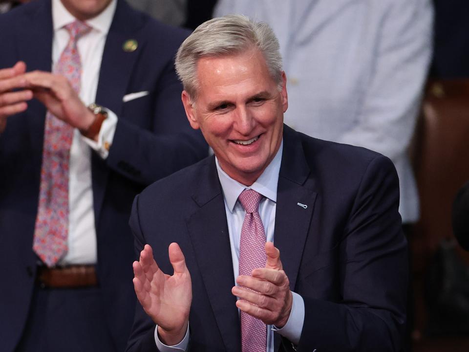 U.S. House Republican Leader Kevin McCarthy (R-CA) celebrates after being elected Speaker of the House in the House Chamber at the U.S. Capitol Building on January 07, 2023 in Washington, DC.