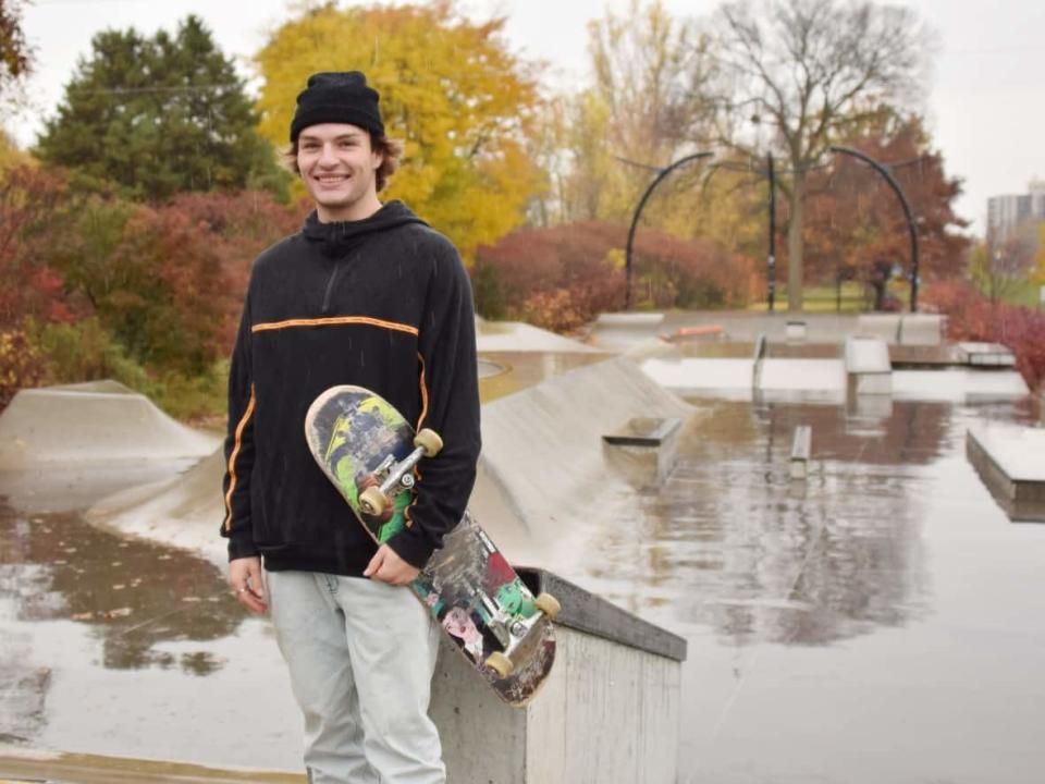Cody French, who grew up in Elora, Ont., is an amateur skateboarder who hopes to one day compete at the Olympics. He's pictured at the Silvercreek Skatepark in Guelph on Oct. 26, when he spoke to CBC News about his recent struggles with a mystery illness and getting back on his board. (Kate Bueckert/CBC - image credit)