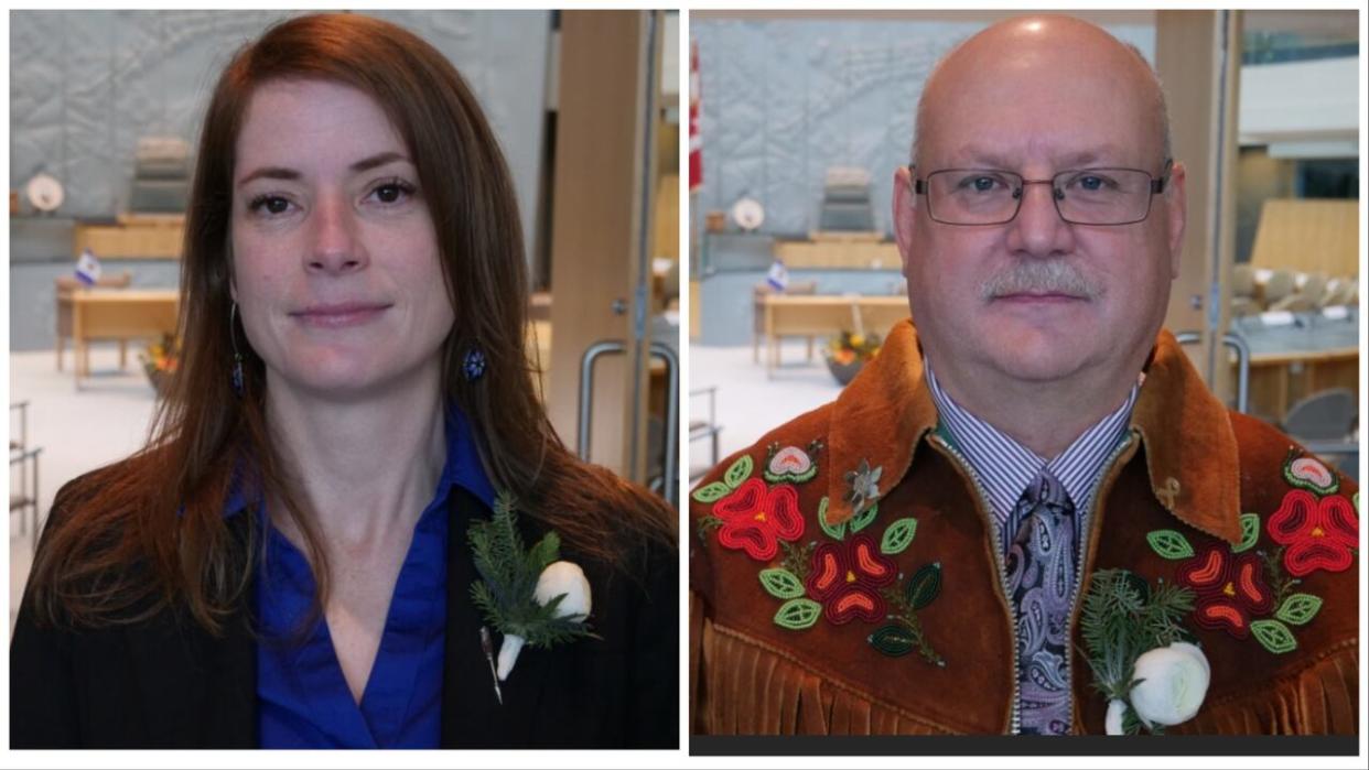 N.W.T. MLA Katrina Nokleby, left, has been cleared by the integrity commissioner after social media posts criticizing Municipal and Community Affairs Minister Shane Thompson, right.  (Mario De Ciccio/Radio-Canada - image credit)