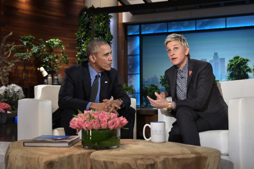 US President Barack Obama and talk show host Ellen DeGeneres speak during a break in the taping of The Ellen DeGeneres show at Warner Brothers Studios in Burbank, California on February 11, 2016. / AFP / MANDEL NGAN        (Photo credit should read MANDEL NGAN/AFP via Getty Images)