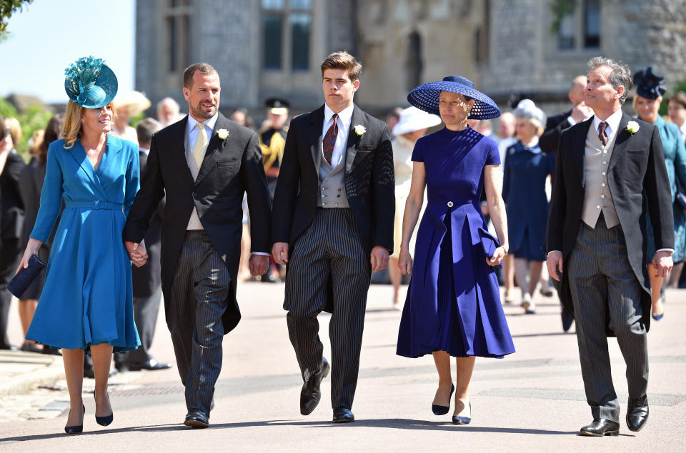 WINDSOR, UNITED KINGDOM - MAY 19: (EMBARGOED FOR PUBLICATION IN UK NEWSPAPERS UNTIL 24 HOURS AFTER CREATE DATE AND TIME) Autumn Phillips, Peter Phillips, Arthur Chatto, Lady Sarah Chatto and Daniel Chatto attend the wedding of Prince Harry to Ms Meghan Markle at St George's Chapel, Windsor Castle on May 19, 2018 in Windsor, England. Prince Henry Charles Albert David of Wales marries Ms. Meghan Markle in a service at St George's Chapel inside the grounds of Windsor Castle. Among the guests were 2200 members of the public, the royal family and Ms. Markle's Mother Doria Ragland. (Photo by Pool/Max Mumby/Getty Images)