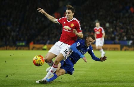 Football - Leicester City v Manchester United - Barclays Premier League - King Power Stadium - 28/11/15 Manchester United's Matteo Darmian and Leicester's Jamie Vardy Action Images via Reuters / John Sibley Livepic
