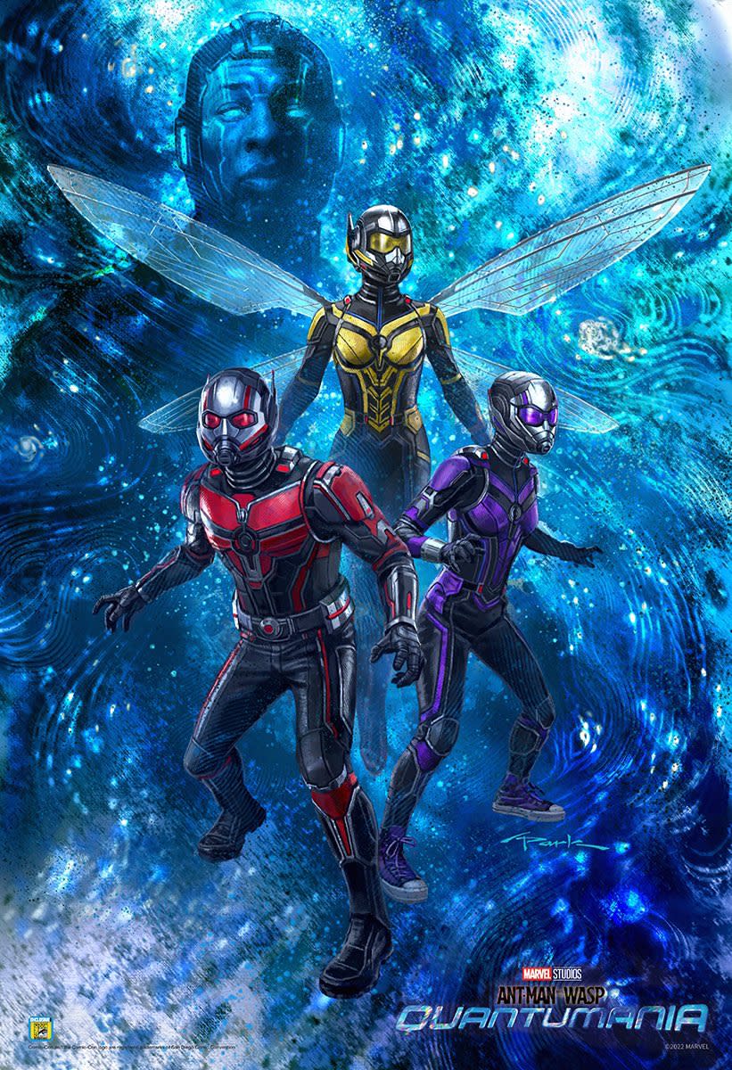 An illustrated poster of Ant-Man, Wasp, and Cassie Lang and Kang for Ant-Man and the Wasp: Quantumania