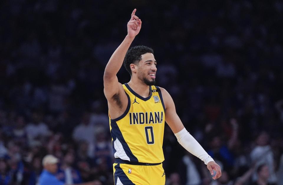 Indiana Pacers guard Tyrese Haliburton reacts during the first half of Game 7 in an NBA basketball second-round playoff series against the New York Knicks, Sunday, May 19, 2024, in New York. (AP Photo/Julia Nikhinson)