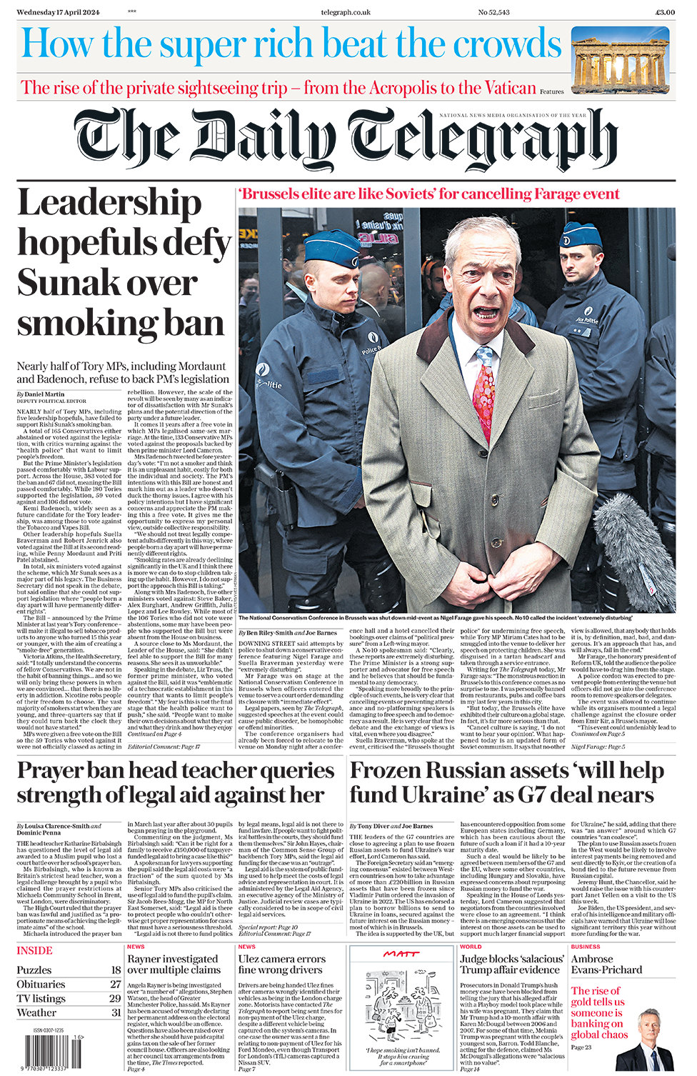 The headline in the Telegraph reads: "Leadership hopefuls defy Sunak over smoking ban".