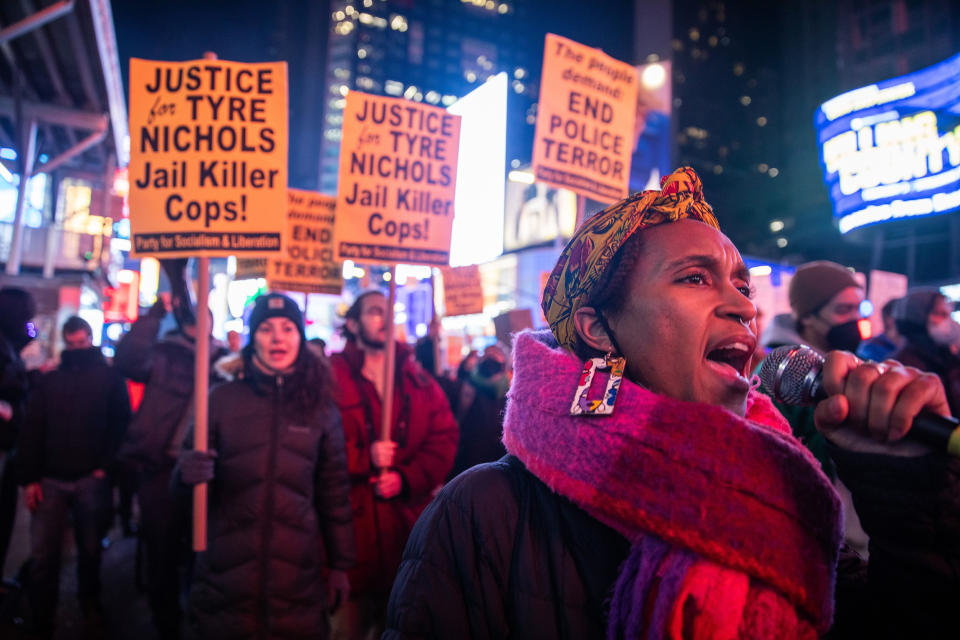 People protest for Justice for Tyre Nichols in New York on Friday. (Julius Constantine Motal / NBC News)