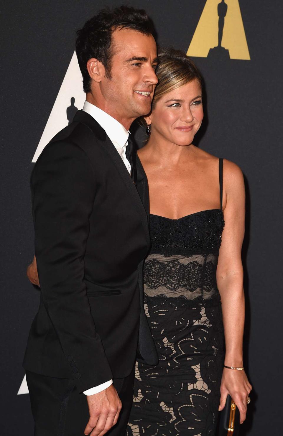 Justin Theroux (L) and actress Jennifer Aniston attend the Academy Of Motion Picture Arts And Sciences' 2014 Governors Awards at The Ray Dolby Ballroom at Hollywood & Highland Center on November 8, 2014 in Hollywood, California