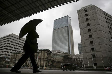 A businessman walks near the Bank of Japan (BOJ) headquarters in Tokyo, Japan, February 15, 2016. REUTERS/Thomas Peter