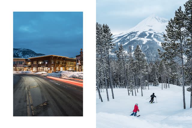 <p>Mark Hartman</p> From left: Downtown Big Sky; skiers on the Spotted Elk run.