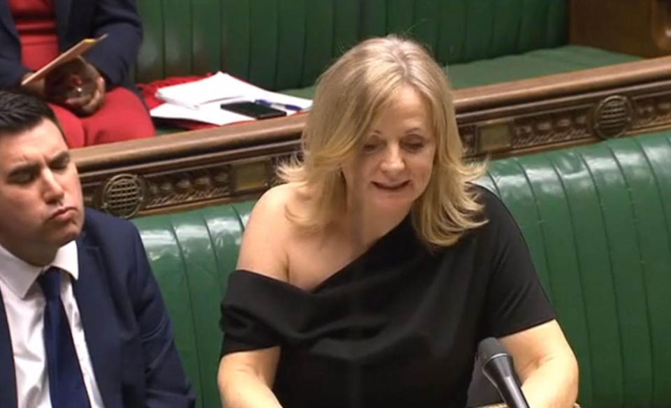 Tracy Brabin raising a point of order in the Commons on Monday follwing Downing Street's decision to order senior journalists from some of the UK's major news organisations to leave before a briefing on Boris Johnson's Brexit plans. The Labour frontbencher has denied having been "banged over a wheelie bin" after she was criticised for wearing an off-the-shoulder dress. (Photo by House of Commons/PA Images via Getty Images)