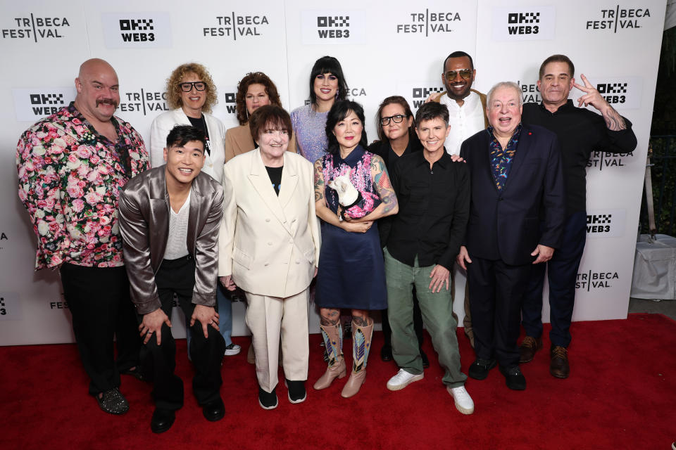 Guy Branum, Joel Kim Booster, Judy Gold, Sandra Bernhard, Robin Tyler, Roz Hernandez, Margaret Cho, Page Hurwitz, Tig Notaro, Solomon Georgio, Jim David, and Todd Glass attend the "Outstanding: A Comedy Revolution" premiere