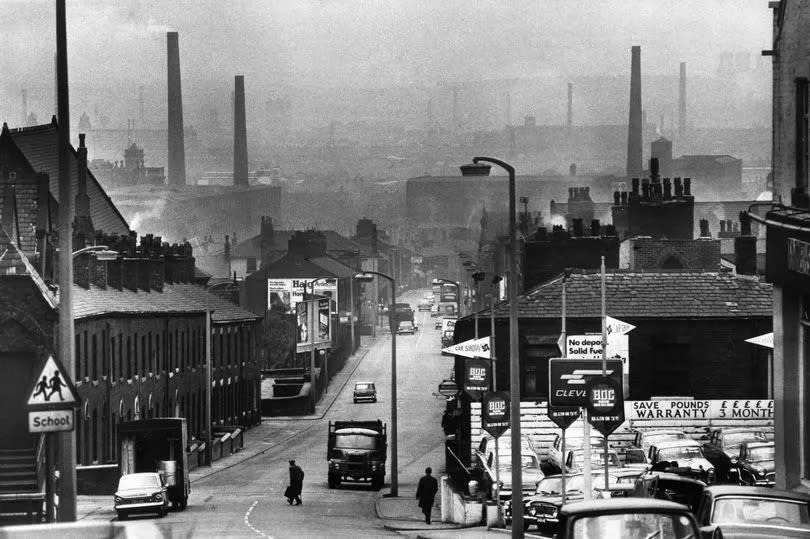 Chimneys from Oldham's many mills dotting the skyline in 1969