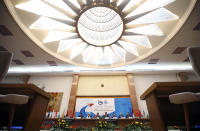 Serbian President Aleksandar Vucic, center right, and Chinese Transport Minister Li Xiaopeng, center left, attend a meeting of China and 16 countries of central and eastern Europe in Belgrade, Serbia, Tuesday, Oct. 16, 2018. The gathering focusing on transport is part of China's "New Silk Road" initiative to increase global influence through economic links and investment. (AP Photo/Darko Vojinovic).