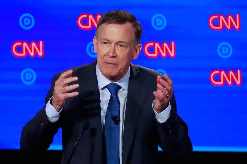 Democratic 2020 U.S. presidential candidate former Colorado Governor John Hickenlooper speaks on the first night of the second 2020 Democratic U.S. presidential debate in Detroit