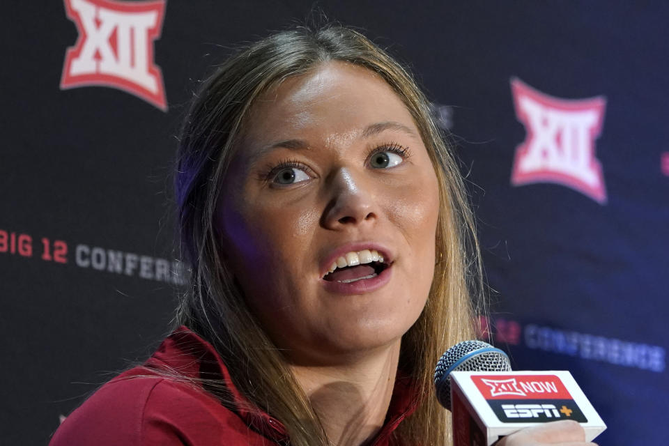 Iowa State guard Ashley Joens speaks during the Big 12 NCAA college basketball media days Tuesday, Oct. 19, 2021, in Kansas City, Mo. (AP Photo/Ed Zurga)