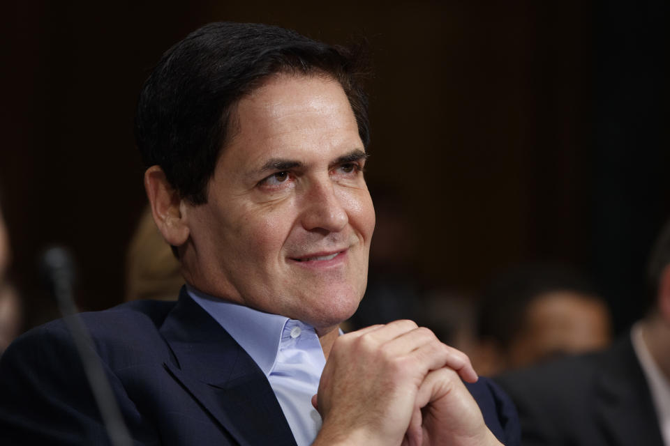 FILE - In this Dec. 7, 2016 file photo, AXS TV Chairman and Dallas Mavericks owner Mark Cuban listens on Capitol Hill in Washington. Just seven months into the Trump presidency, Republicans and right-leaning independents have begun to contemplate the possibility of an organized bid to take down a sitting president from within.  (AP Photo/Evan Vucci, File)