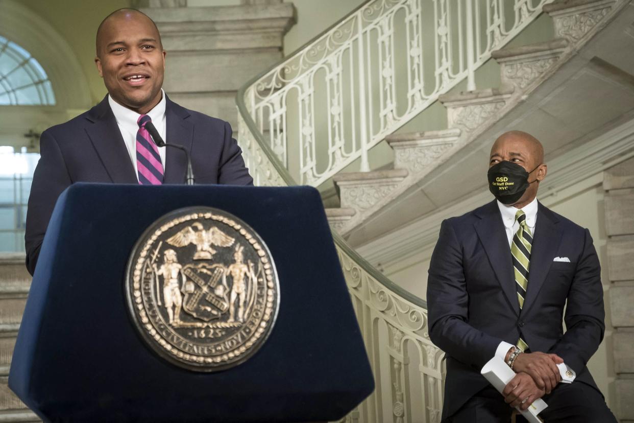 Chief Technology Officer Matt Fraser, left, and Mayor Eric Adams are pictured at New York City Hall on Wednesday, January 19, 2022.