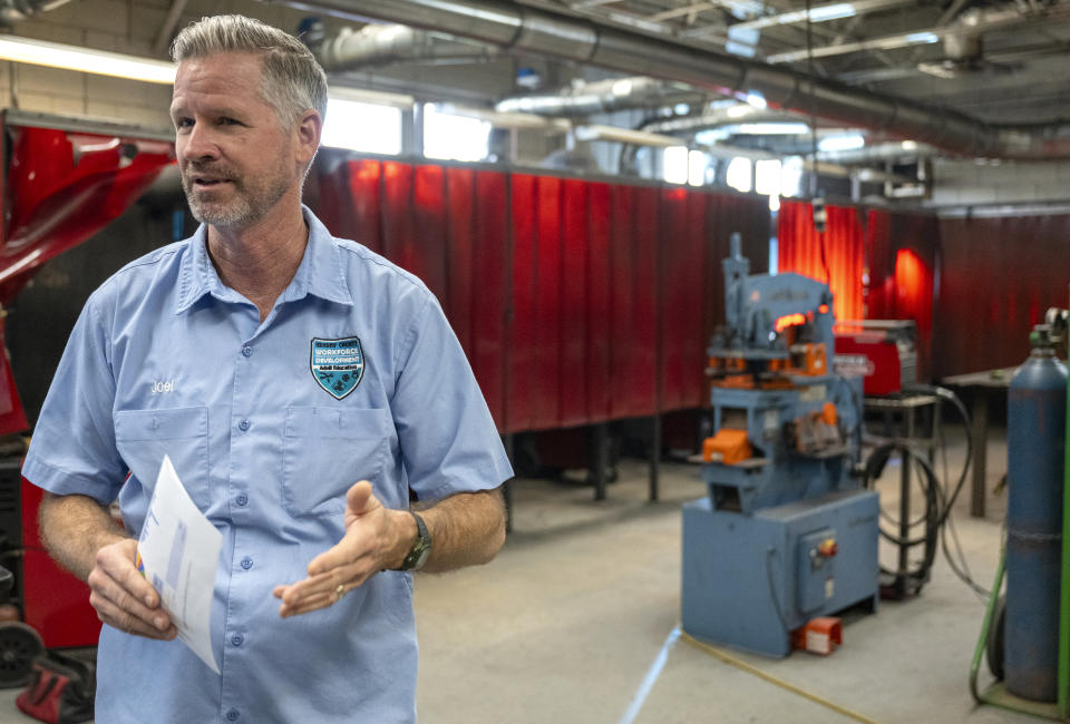 Joel Conner, Grant Manager & Supervisor of Hendry County Adult Learning, talking about the welding program they offer as a another alternative to adult education where students gain the necessary experience to receive certification and immediately enter the local workforce after completion in Clewiston, Fla. Thursday, March 14 ,2024 (AP Photo/Chris Tilley)