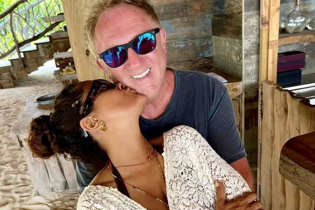 <p>salma hayek/ Instagram</p> Salma Hayek gives husband Francois-Henri Pinault a kiss on the cheek