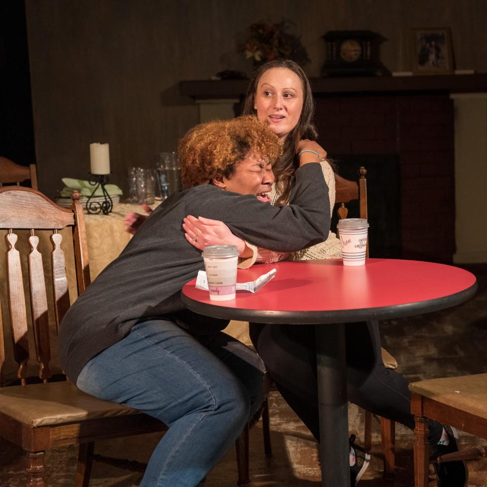 Kyrrah White, left, and Shannon O’Riordan rehearse a scene for The Acting Ensemble's production of David Brian Walker's "Dog" that opens Feb. 24 and continues through March 5, 2023, at the theater in Mishawaka.