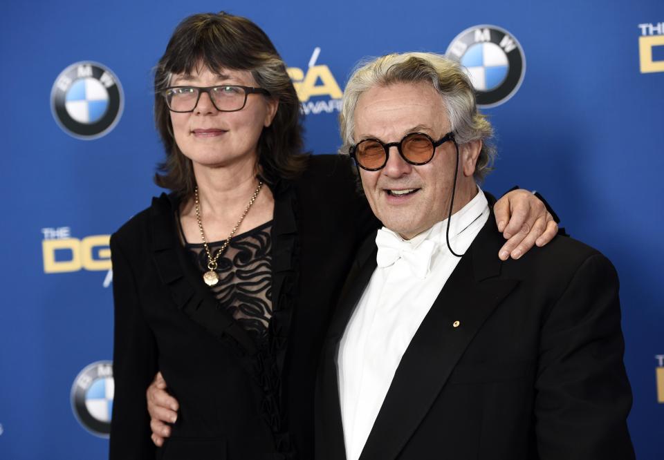 Director George Miller, a feature film award nominee for "Mad Max: Fury Road," poses with his wife, film editor Margaret Sixel, at the 68th Directors Guild of America Awards at the Hyatt Regency Century Plaza on Saturday, Feb. 6, 2016 in Los Angeles. (Photo by Chris Pizzello/Invision/AP)