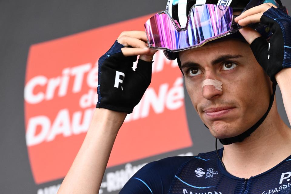 Movistar Team's Spanish rider Enric Mas looks on prior to the first stage of the 74th edition of the Criterium du Dauphine cycling race, 192 km between La Voulte-sur-Rhone and Beauchastel on June 5, 2022. (Photo by Marco BERTORELLO / AFP) (Photo by MARCO BERTORELLO/AFP via Getty Images)