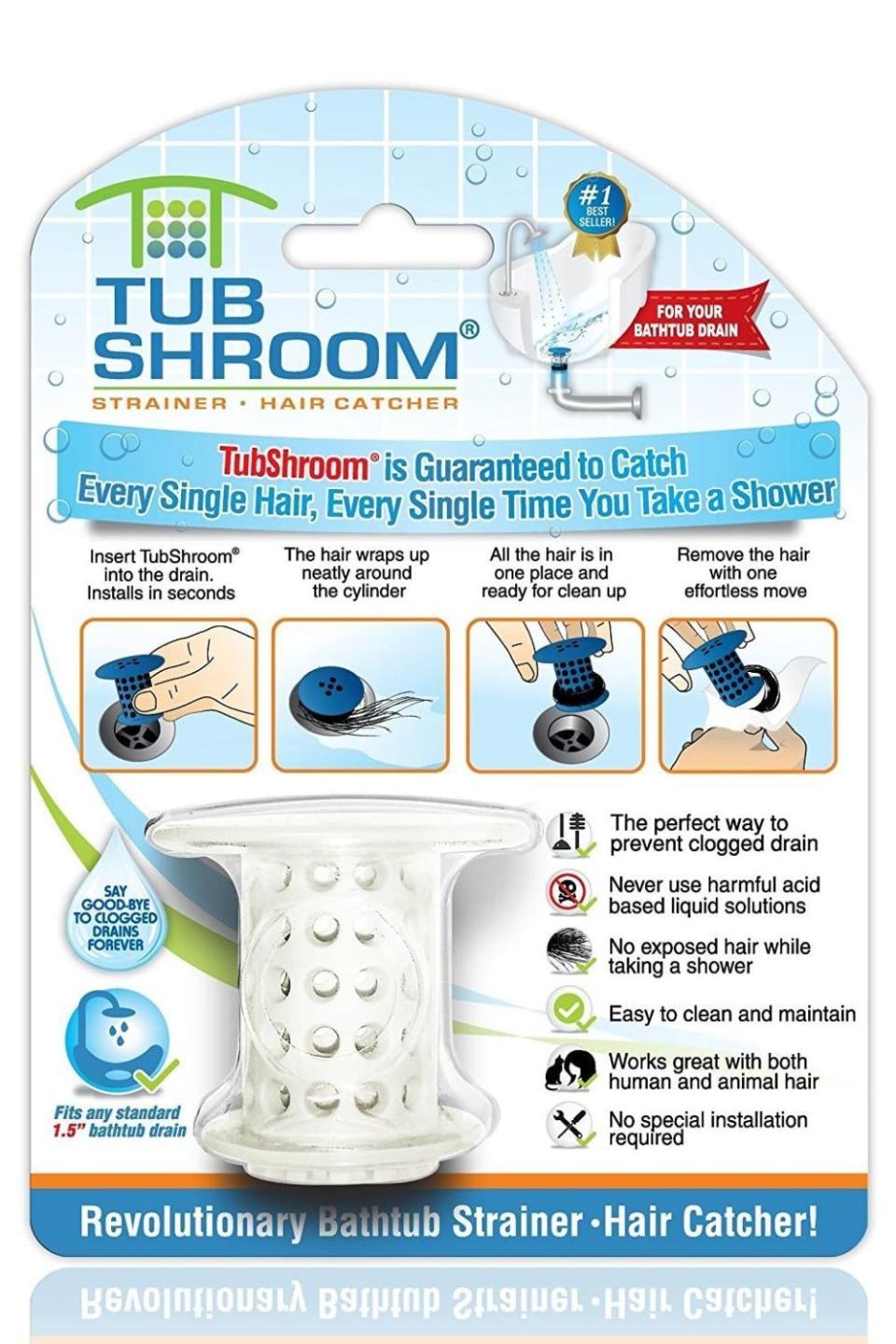 <p><strong>TubShroom</strong></p><p>amazon.com</p><p><strong>$12.95</strong></p><p><a href="https://www.amazon.com/dp/B01BYMTYBS?tag=syn-yahoo-20&ascsubtag=%5Bartid%7C10055.g.38414112%5Bsrc%7Cyahoo-us" rel="nofollow noopener" target="_blank" data-ylk="slk:Shop Now;elm:context_link;itc:0;sec:content-canvas" class="link ">Shop Now</a></p><p>Stick this little doodad over your shower drain, and you'll never have to stand in a clogged tub ever again. Is it the most glamorous beauty find? No, but that didn't stop the 40,000+ reviewers from buying it, and it shouldn't stop you either.</p>