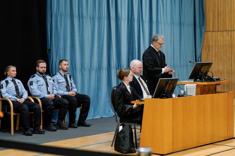 Norwegian mass killer Anders Behring Breivik attends a court hearing at Ringerike prison, in Tyristrand