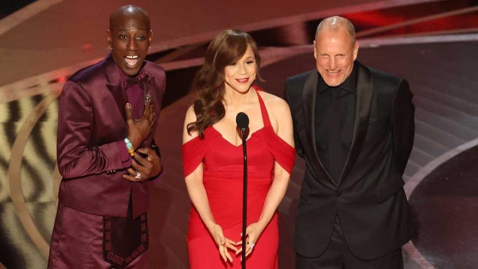 Rosie Perez appears with her "White Men Can't Jump" co-stars, Wesley Snipes, left, and Woody Harrelson at the 2022 Oscars.