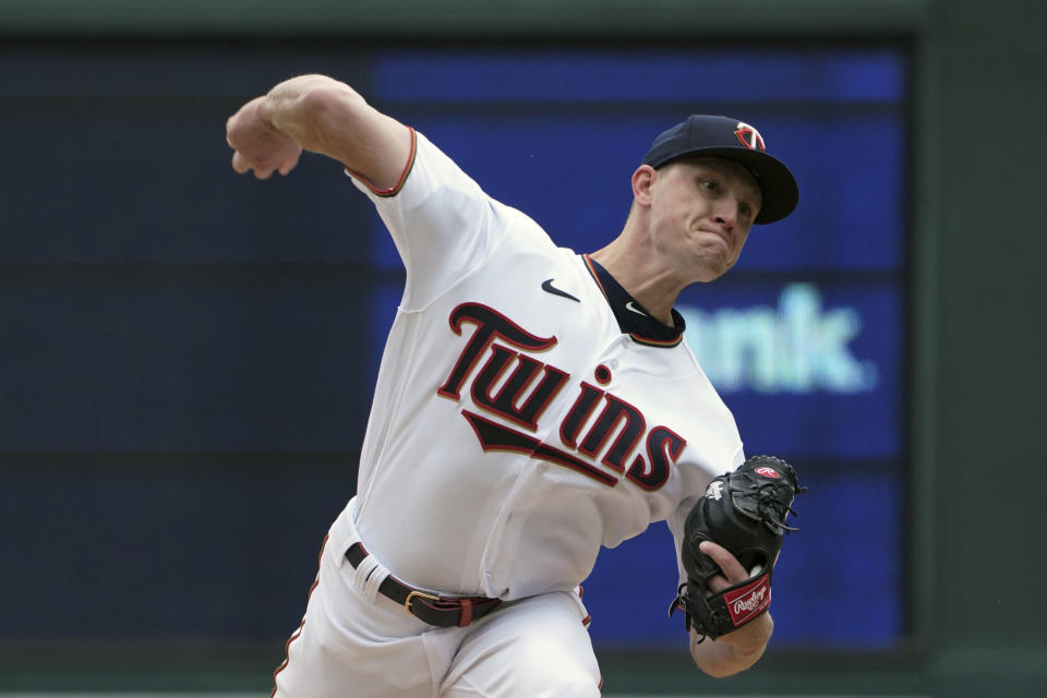 Minnesota Twins pitcher Cody Stashak throws in relief of starter Bailey Ober in the fourth inning of a baseball game against the Detroit Tigers, Thursday, April 28, 2022, in Minneapolis. (AP Photo/Jim Mone)