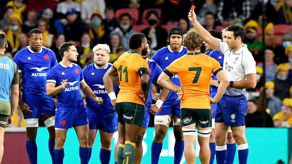 Pictured here, Wallabies winger Marika Koroibete is shown a red card for a high tackle. 