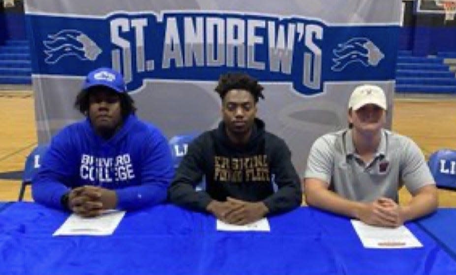 From left to right: Hayward Pollard (Brevard), RaKari Harrison (Erskine) and Tripp Jackson (Wheaton) of St. Andrew's signed to play football at their respective schools on April 22, 2024.