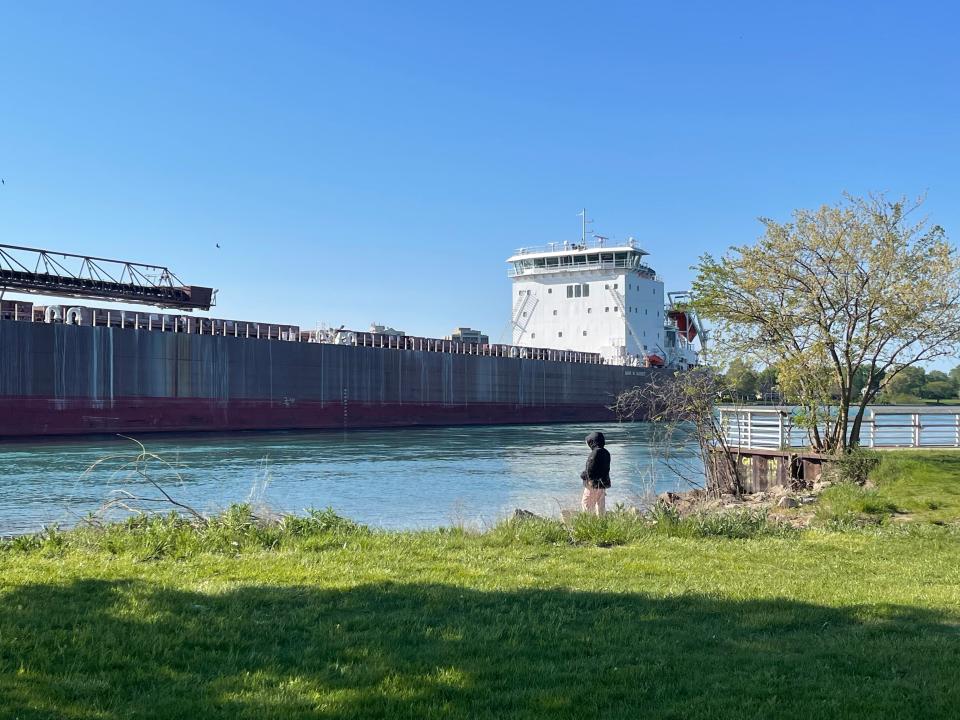 A large freighter, the Mark W. Barker, ran aground on the Canadian side of Belle Isle not far from the Dossin Great Lakes Museum on Wed., May 17, 2023.