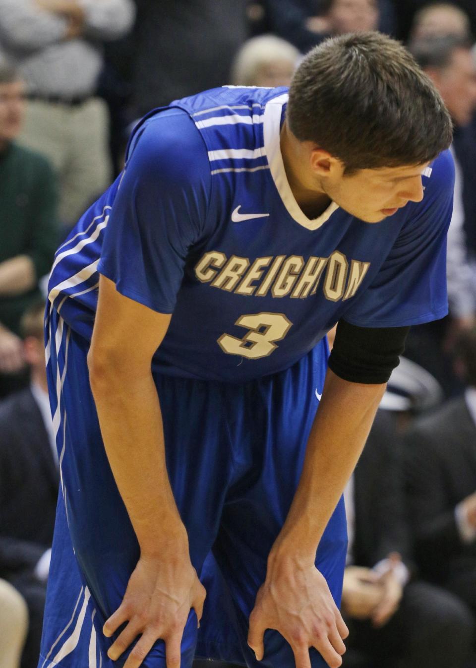 Creighton's Doug McDermott reacts near the end of an NCAA college basketball game against Xavier in Cincinnati on Saturday March 1, 2014. Xavier won 75-69. (AP Photo/Tom Uhlman)