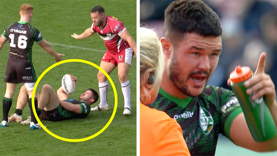 James Bentley (pictured right) pointing to a Lebanon player and (pictured left) Bentley in pain after a tackle.