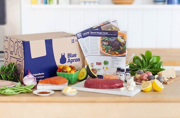 The contents of a Blue Apron meal kit