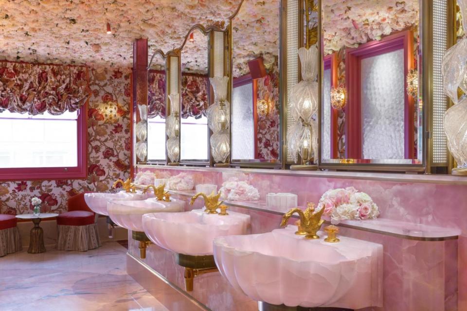 The ornate pink floral bathroom at Annabel's in London, England. (Annabel's)