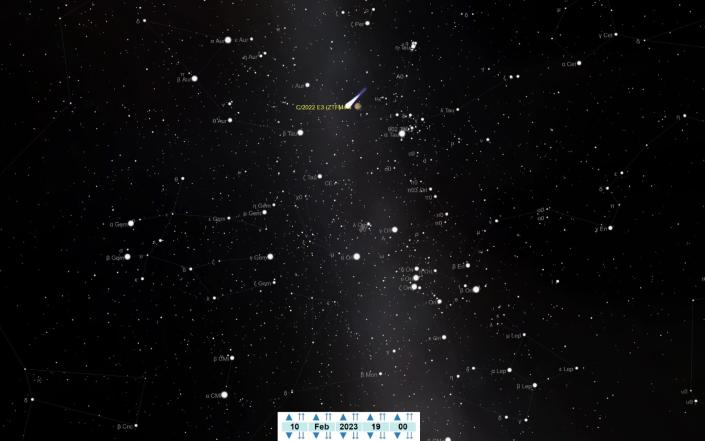 An illustration of the night sky on Feb. 10 showing the position of comet C/2022 E3 (ZTF) near Mars.