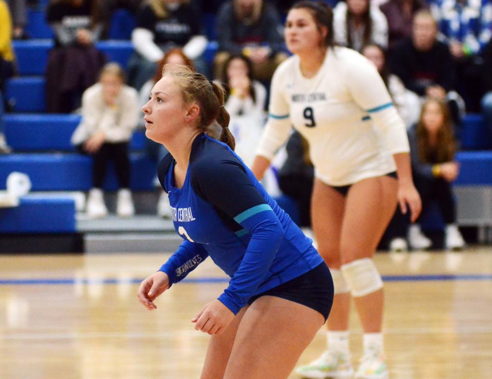 North Central Michigan College's Makenzie Castle (front) and Brooklynn Besteman (9) each wrapped up their home volleyball career with the Timberwolves with a victory Tuesday.