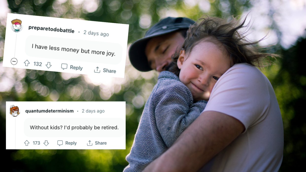 A composite image of a dad hugging his child on a windy day and two comments from the Reddit thread of people talking about the pros and cons of having kids.