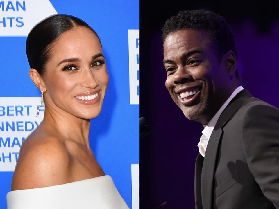 Meghan Markle in New York City on December 6, 2022 (L), Chris Rock in New York City on March 15, 2022 (R).